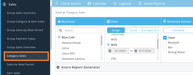 Screen shot of the Category Sales option in the side bar navigation menu in Avero
