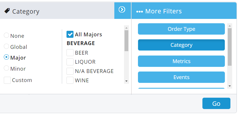 Screen shot of how to select Major Categories in Avero