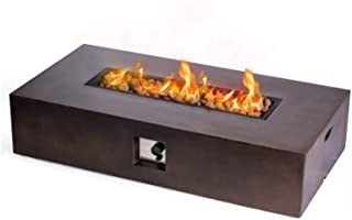 Photograph of a rectangular, table-top gas/propane powered fire pit with flames.  