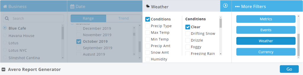 Screen shot of the Avero Report Generator with the weather metric highlighted