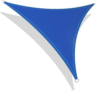 Photograph of a blue, triangle-shaped sun shade with D-rings on the tips for securing. 